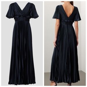AMUR Suze Navy Blue Midgnight Pleated Gown Maxi Dress Flutter Sleeve - Size 8